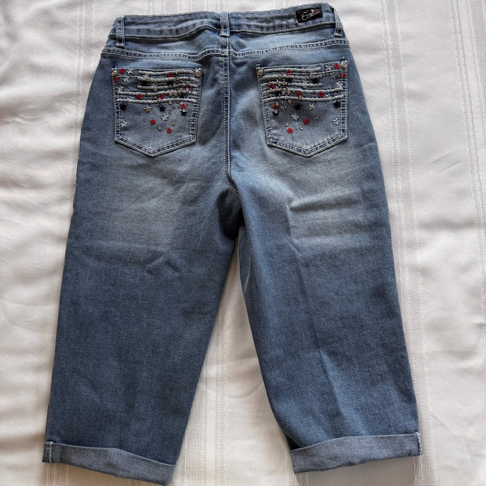 Earl Jean Women Blue Denim Capri Jeans Star Rhinestone Embellished Size 8 - Picture 4 of 11